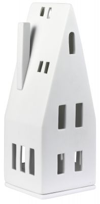 Weißes Keramik Lichthaus Spitzdach mit Rädern, 20 cm, für stimmungsvolle Beleuchtung im Innenbereich.